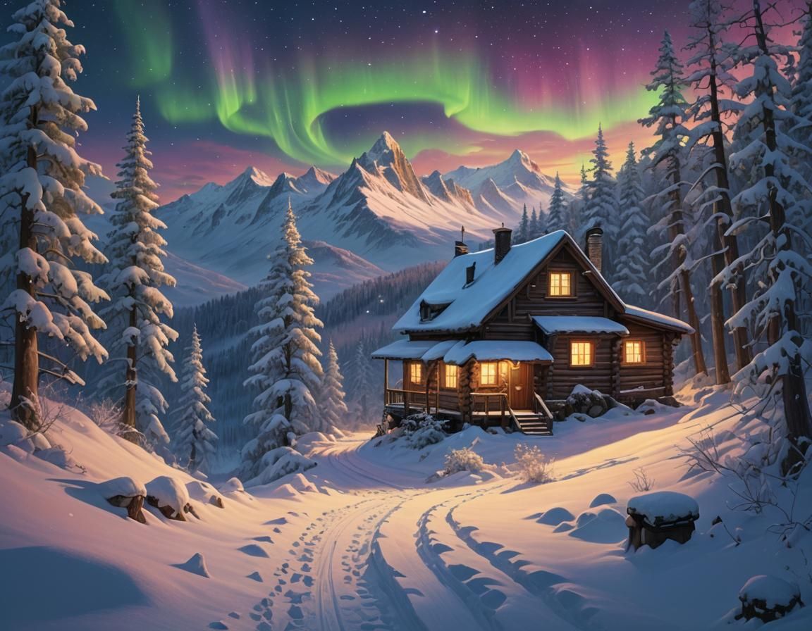 Aurora Cabin in Winter Wonderland: Fantasy Art