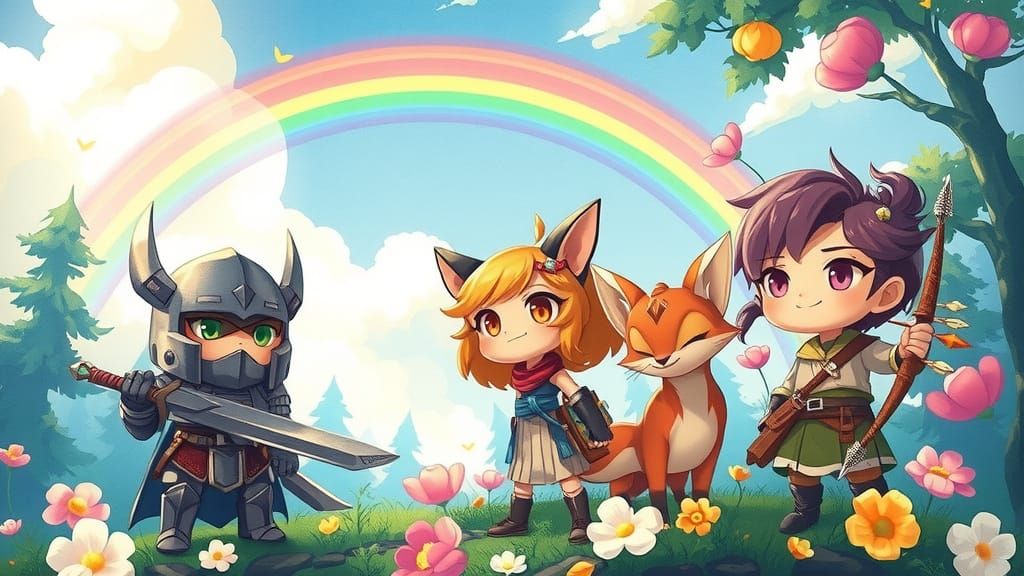 Whimsical Chibi Warriors Gather in Vibrant Forest