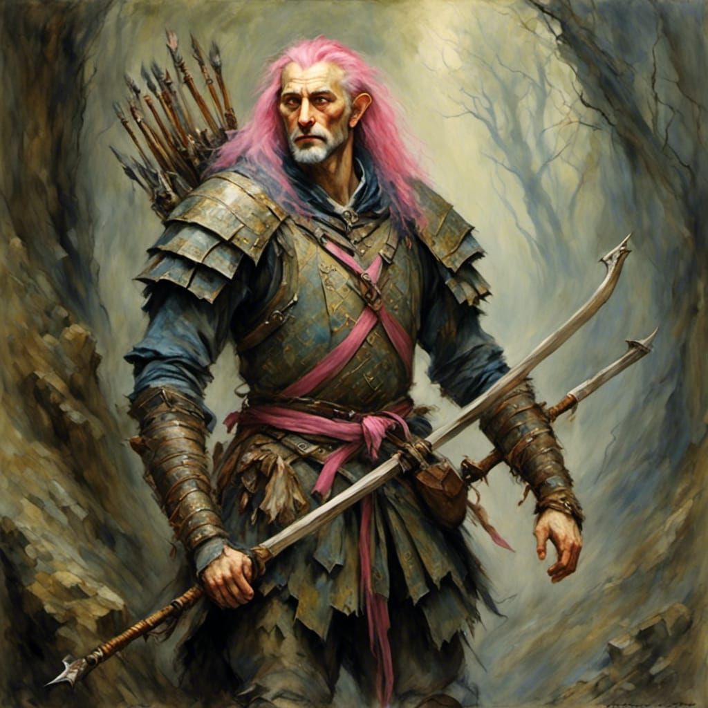 Noble Huntsman with Pink Hair in Forest Setting