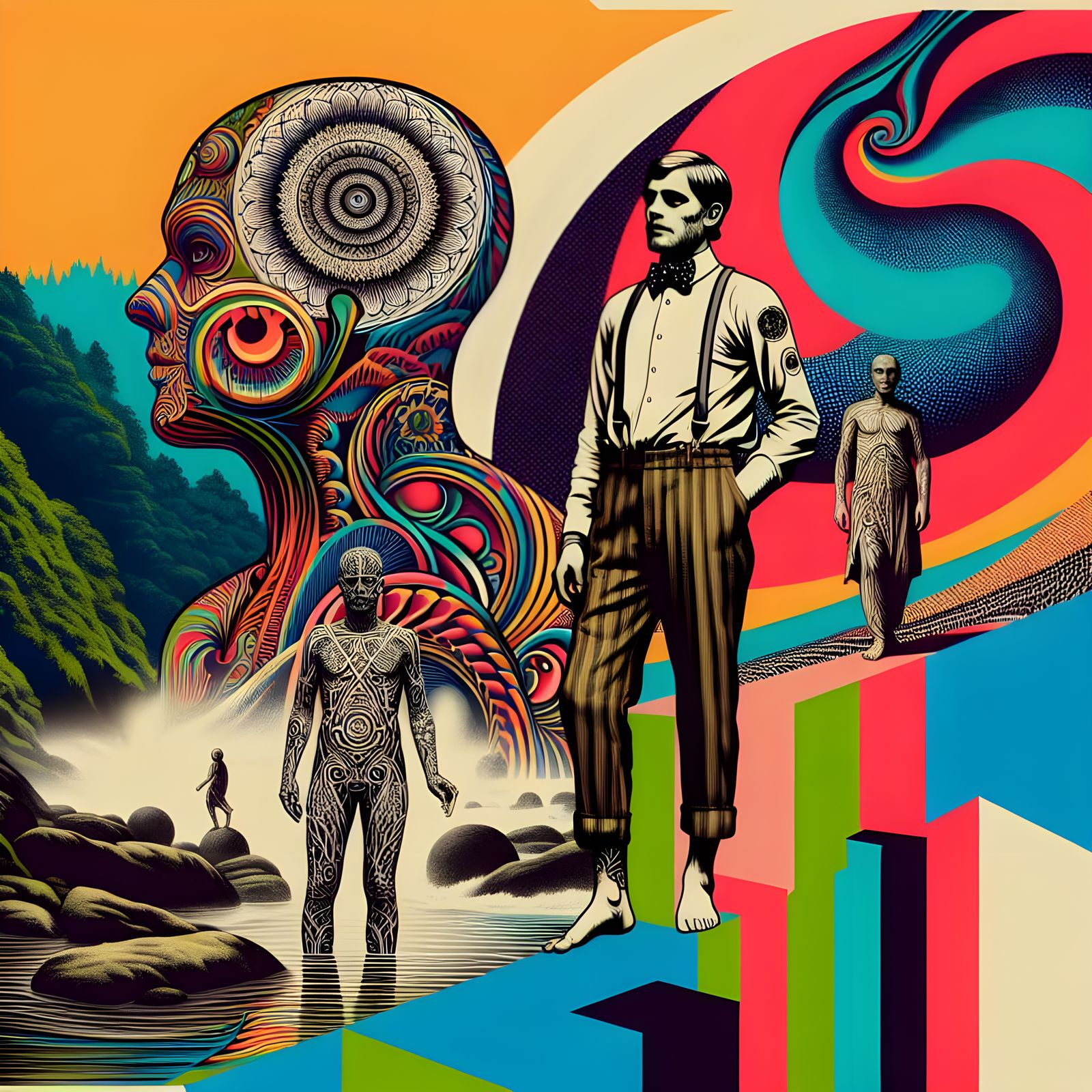 Surreal Tattooed Woman in Op Art Landscape