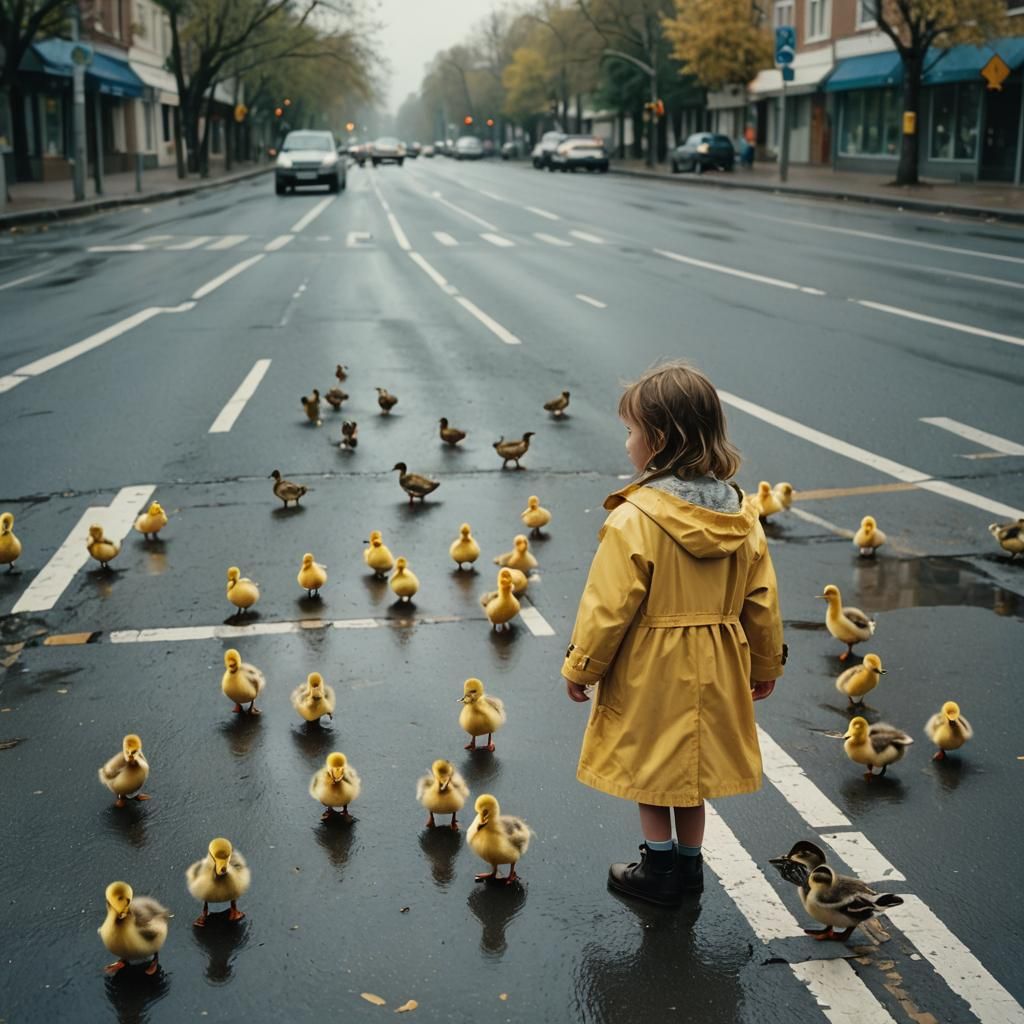 Girl Helps Ducks Cross Road: Cinematic Still