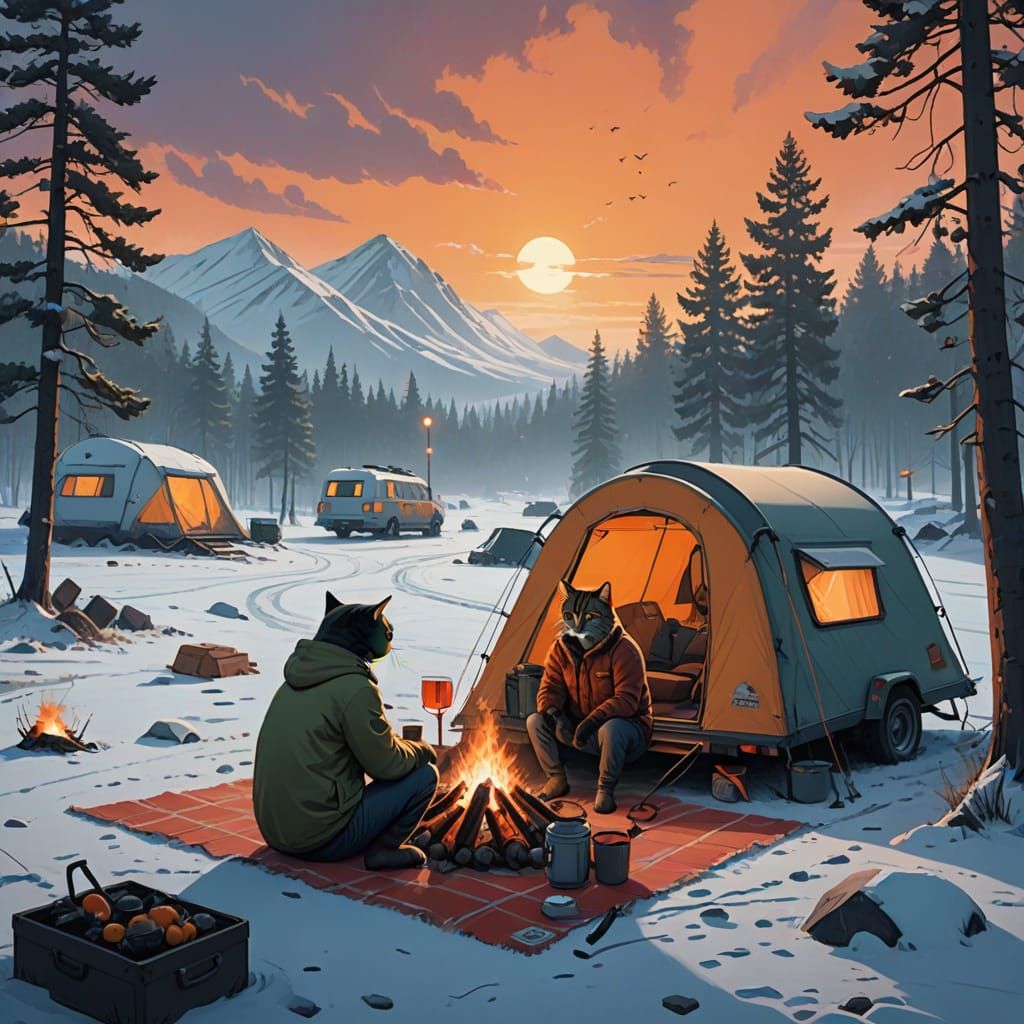 Lazy Winter Cats in Cozy Camping Scene