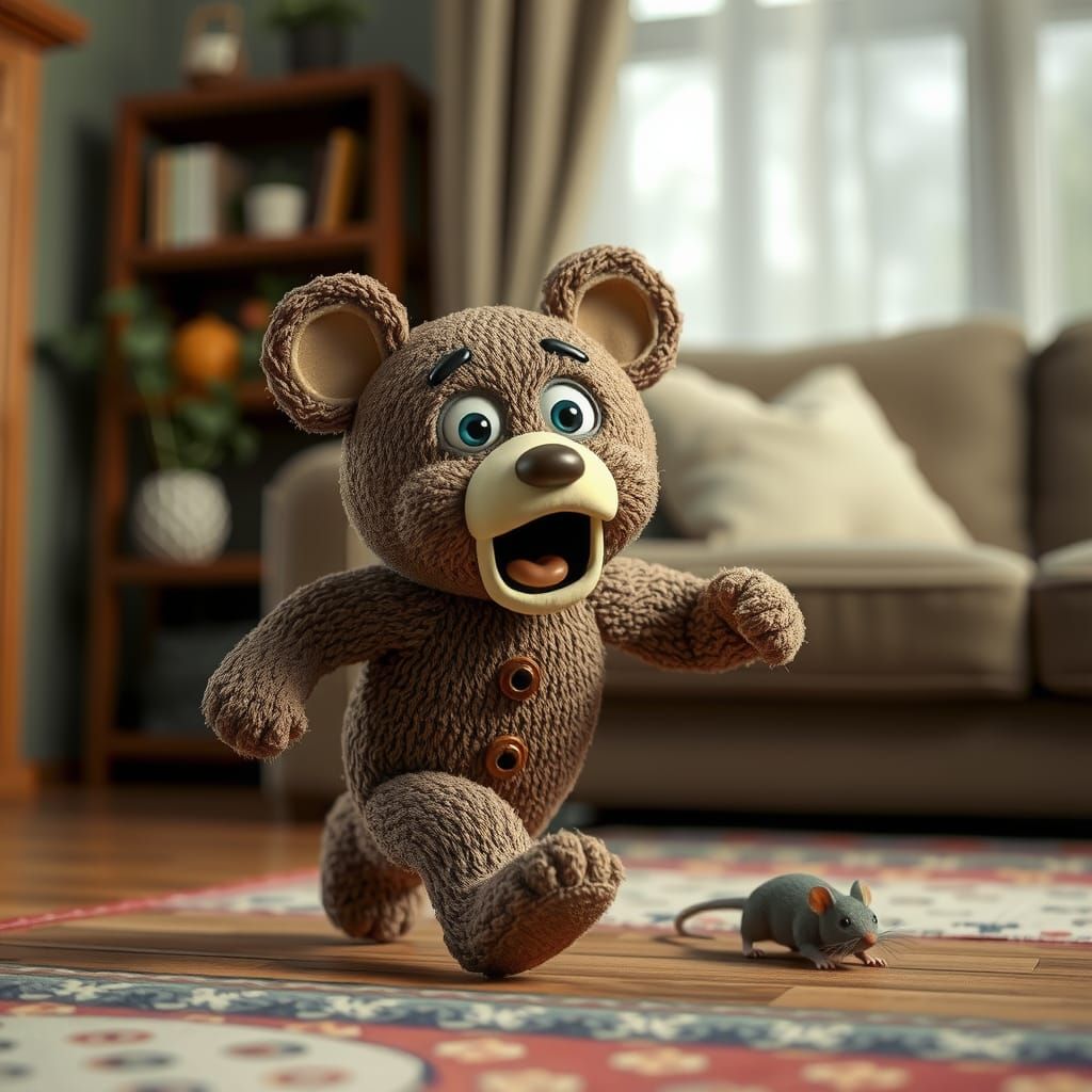 Frightened Teddy Bear Running from Mouse: Claymation Style