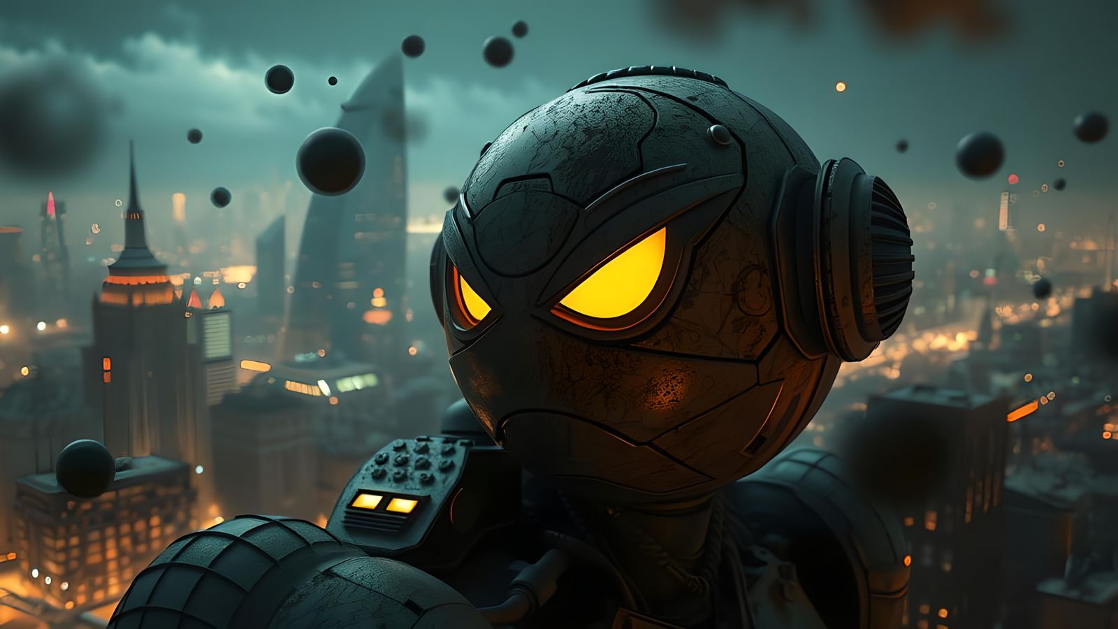 Giant Angry Emoji Robot in Dystopian City