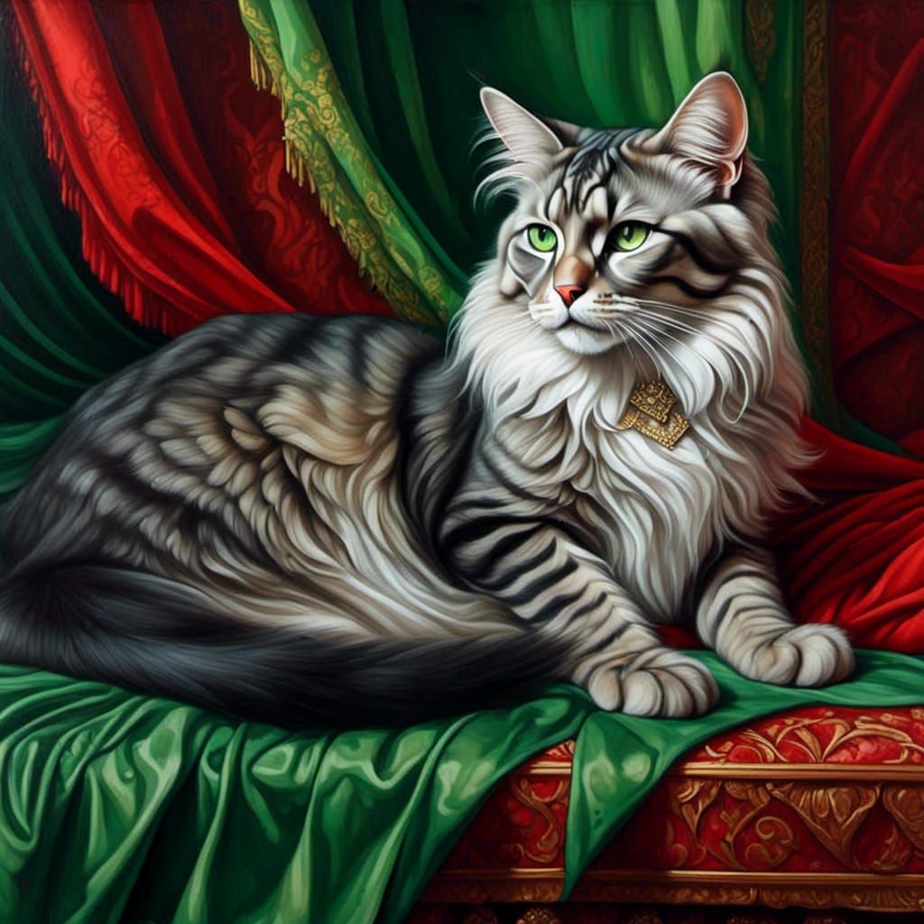 Gray Tabby Cat on Velvet Bed, Oil Painting Style