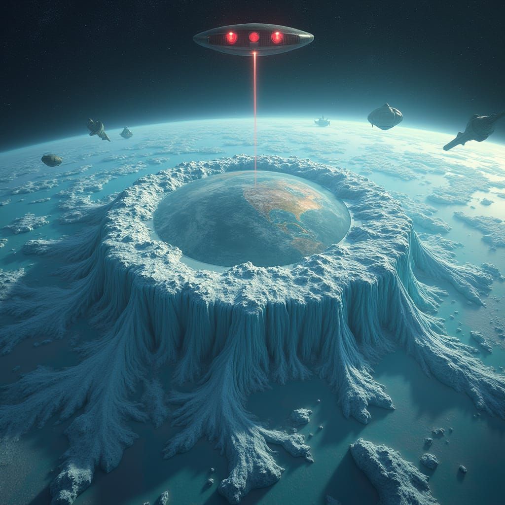 Dystopian Flat Earth with Ice Wall and Glass Dome