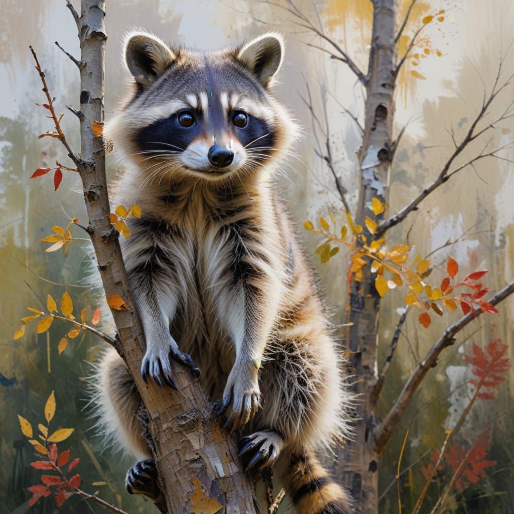 Wild Raccoon in Abstract Expressionist Tree Pose
