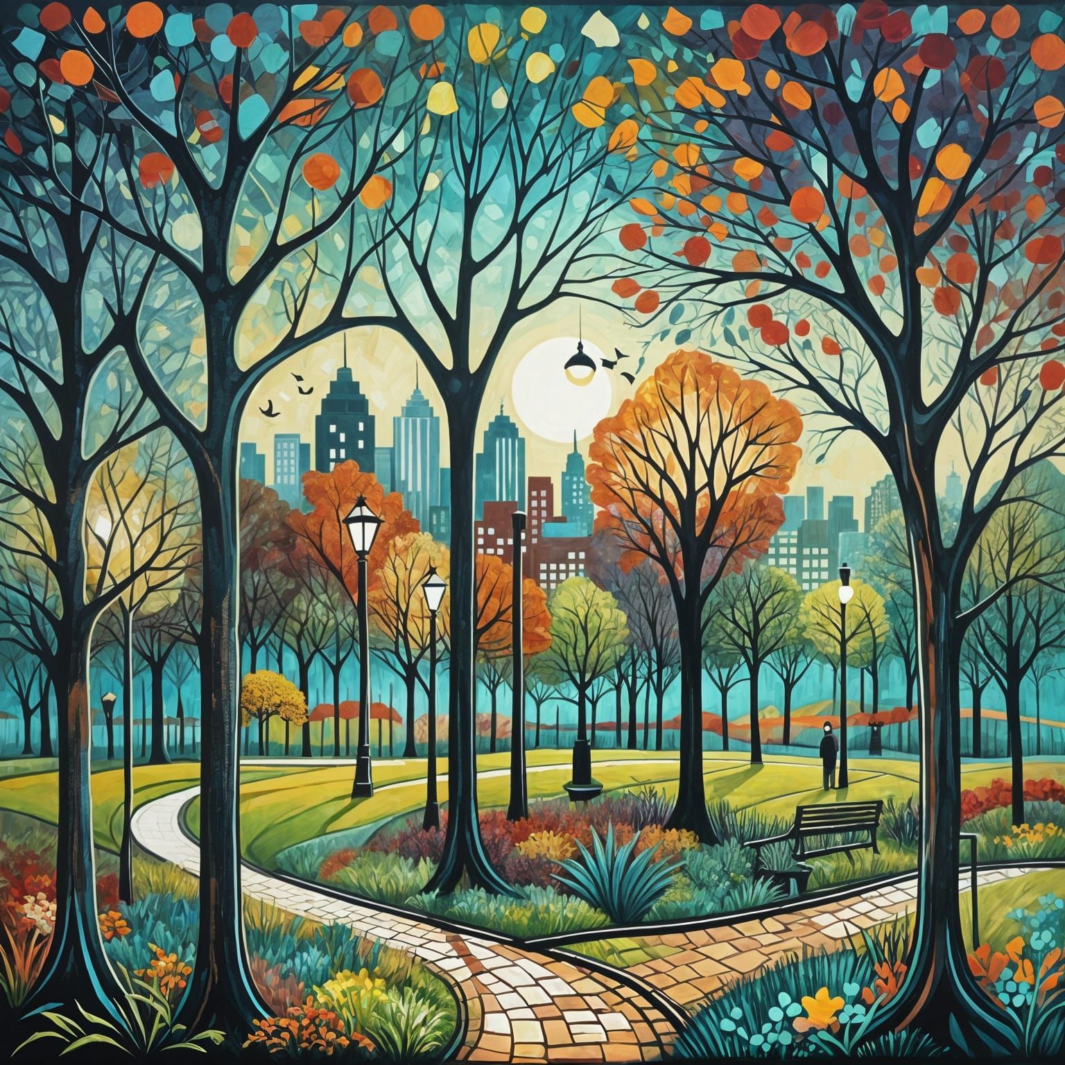 City Park in Art Brut Impasto Style