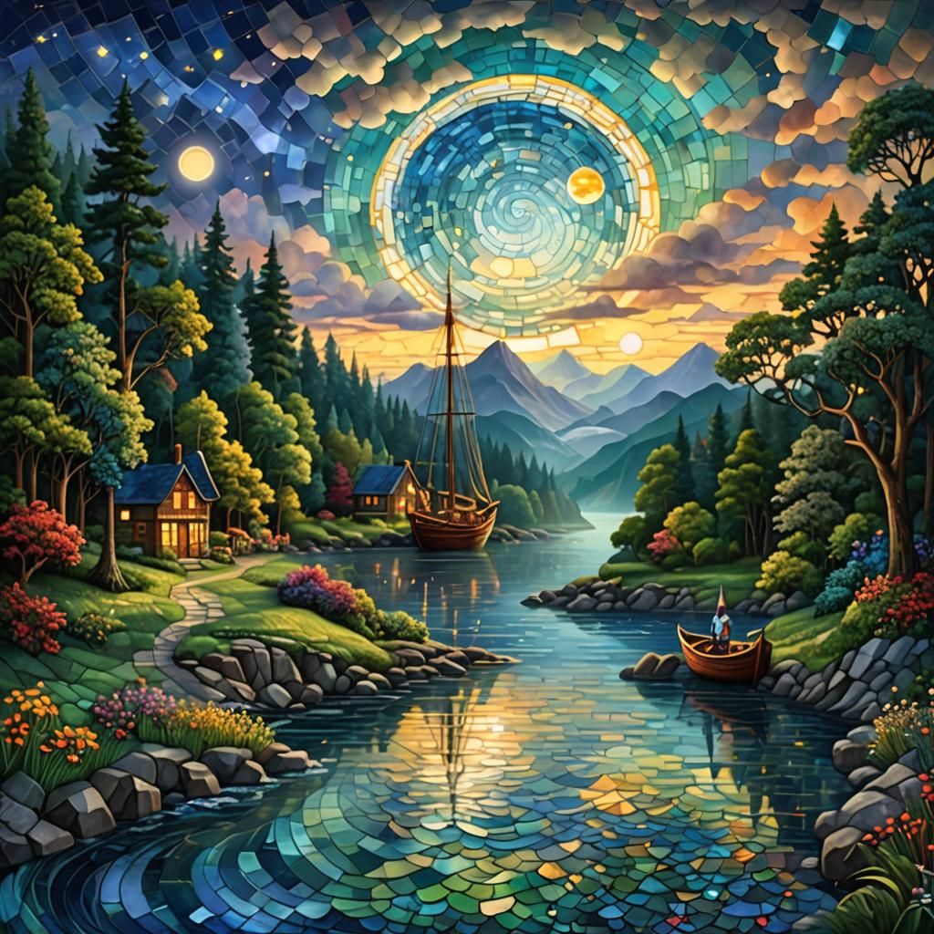 Stained Glass Mosaic: Dream Boat on a River