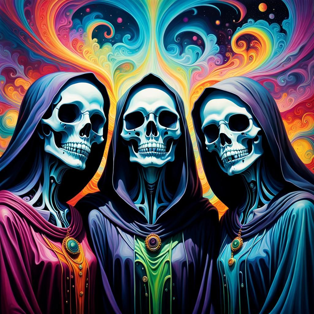 Psychedelic Grim Reaper Sisters in Acrylic Pouring Style