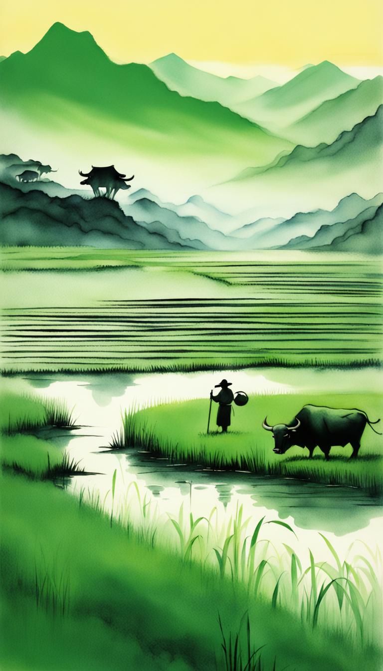 Minimalist Chinese Ink Painting: Rice Field Sunrise