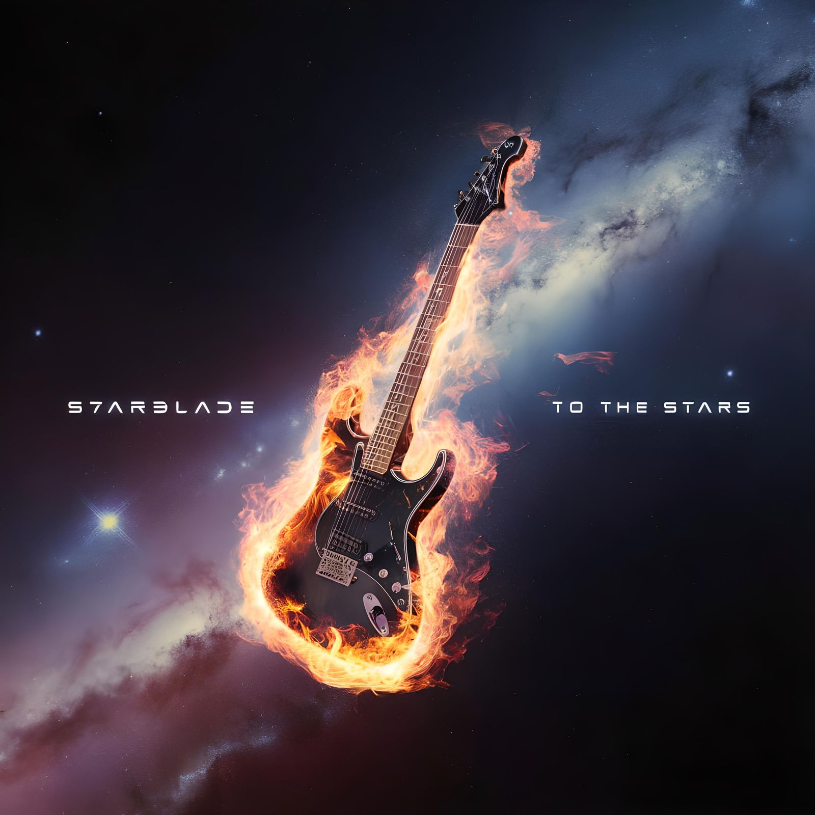 Flaming Guitar Floating in a Starry Galaxy