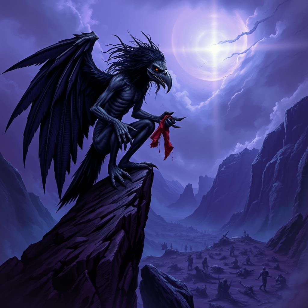 Dark Fantasy Harpy Silhouetted Against Stormy Sky in Cyberpu...