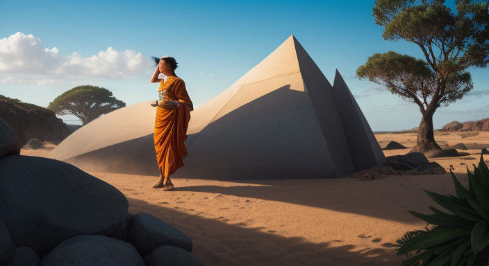 Golden-Hued Waves Meet Cartoon Chibi Monk in Whimsical Natur...