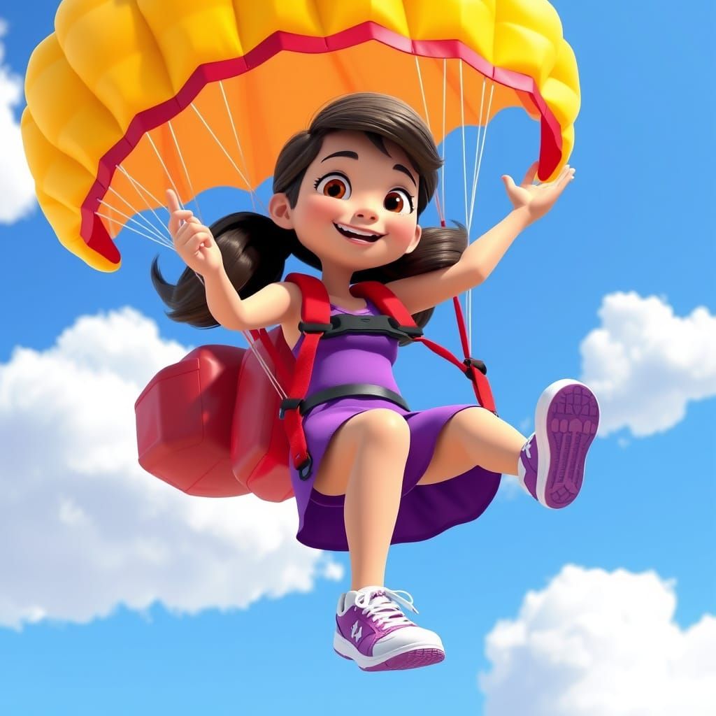 Girl Skydiving with Parachute in 3D Animated Style