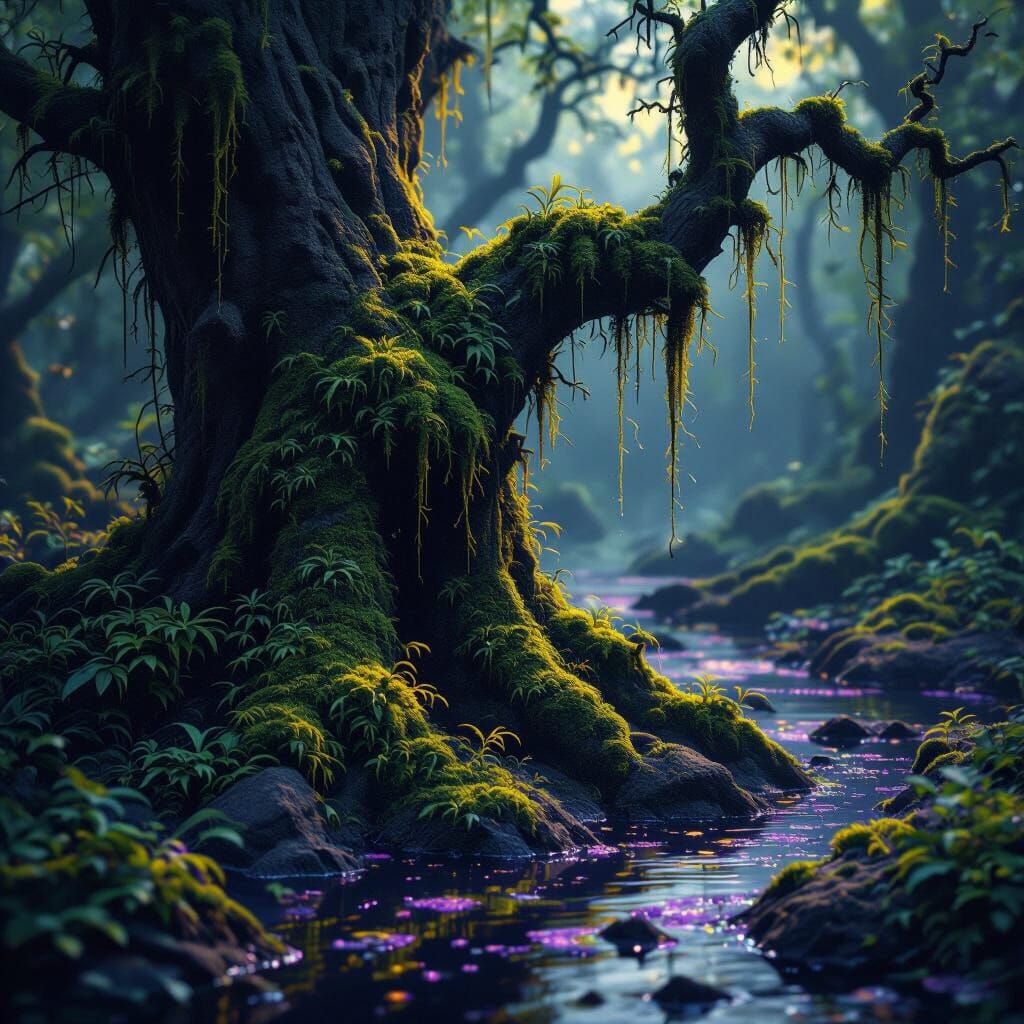Lush Moss in Dark Fantasy World, Digital Art
