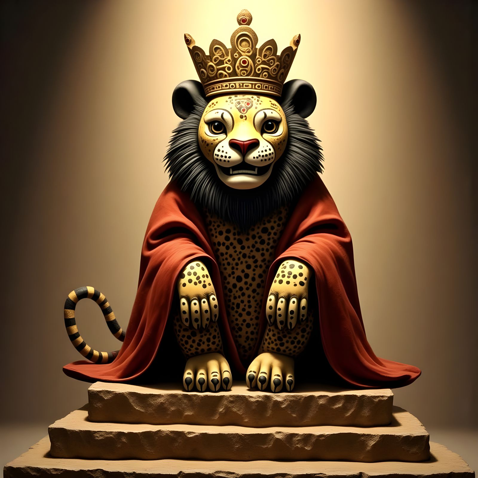 Lion in Regal Splendor with Ornate Robes and Jewel-Toned Cro...