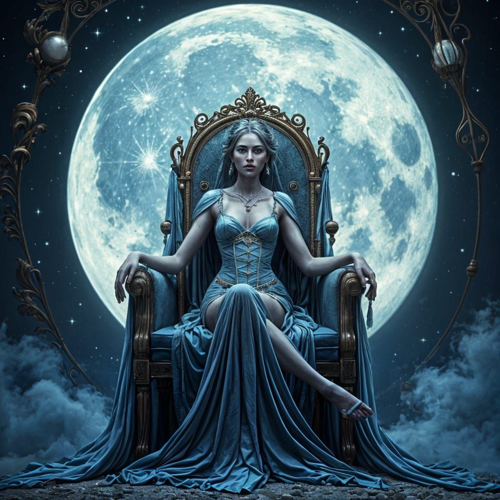 Moon Queen on Lunar Throne in Ethereal Lighting