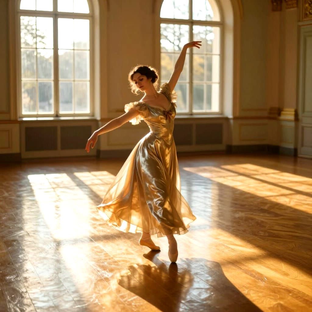 Graceful Dancer in Sunlit Ballroom, Romantic Era Style