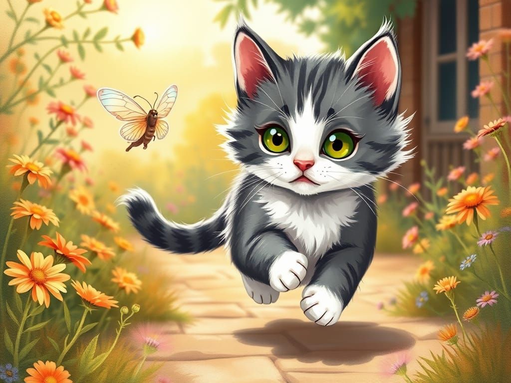 Whimsical Kitten Chases Iridescent Moth in Sunny Garden