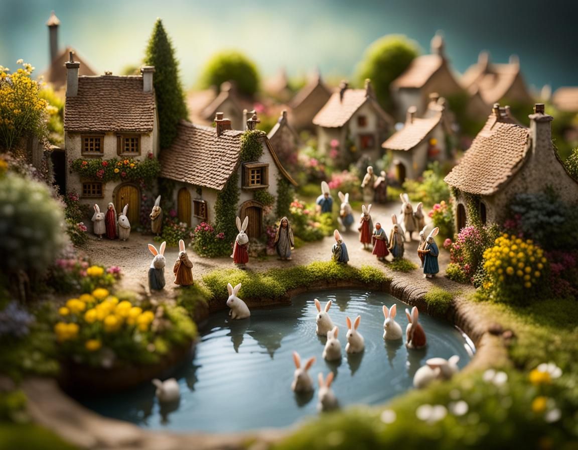 Rabbits in Village Fountain: Maximalist Digital Art