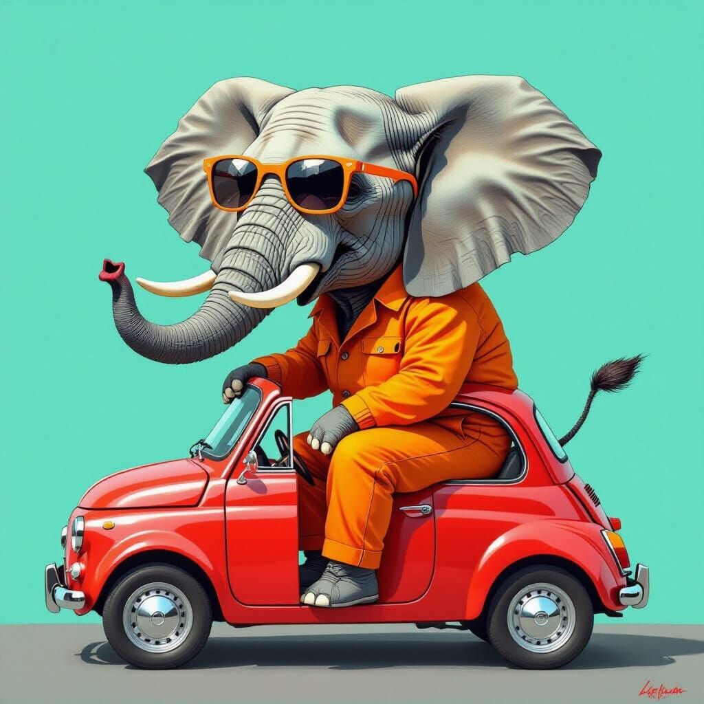 Elephant in Mini Car: Whimsical Art