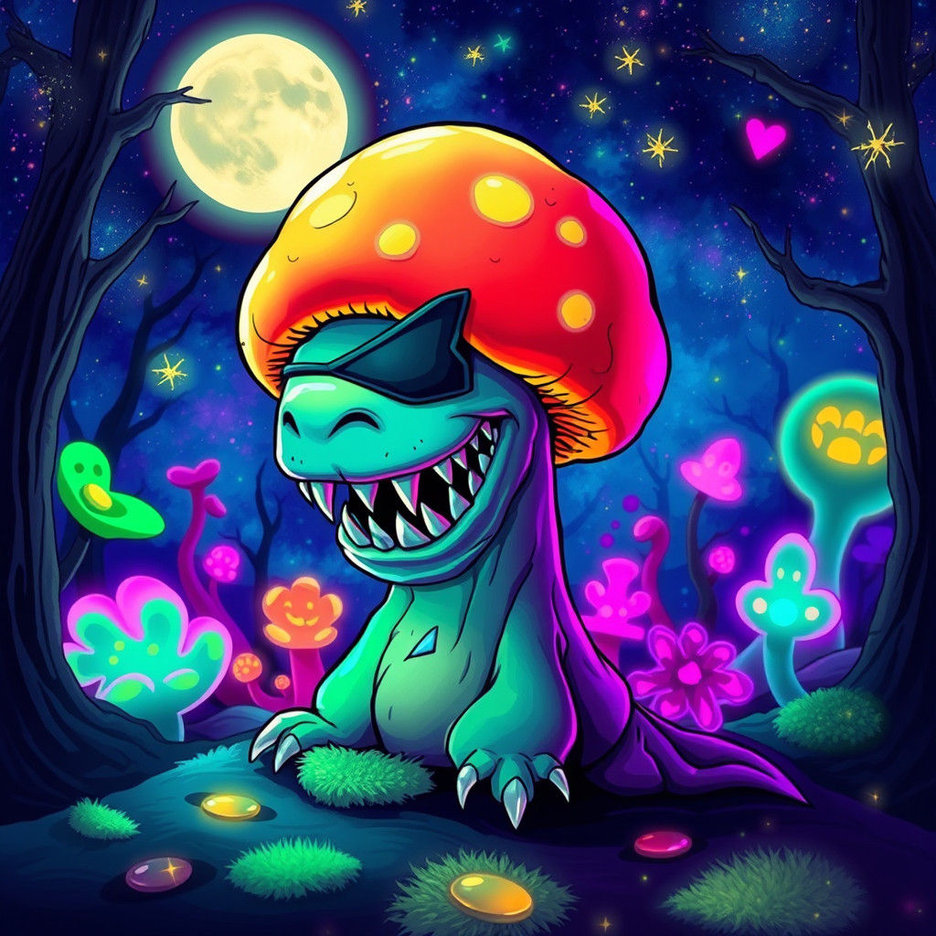 Trippy Mushroom Monster in Bioluminescent Alien Forest