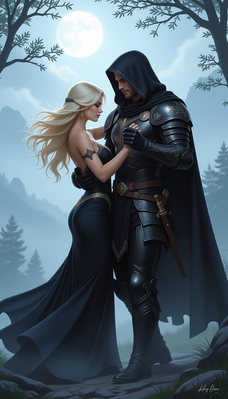 Fantasy Art: Blond Man Waltzes with Armored Figure in Moonli...