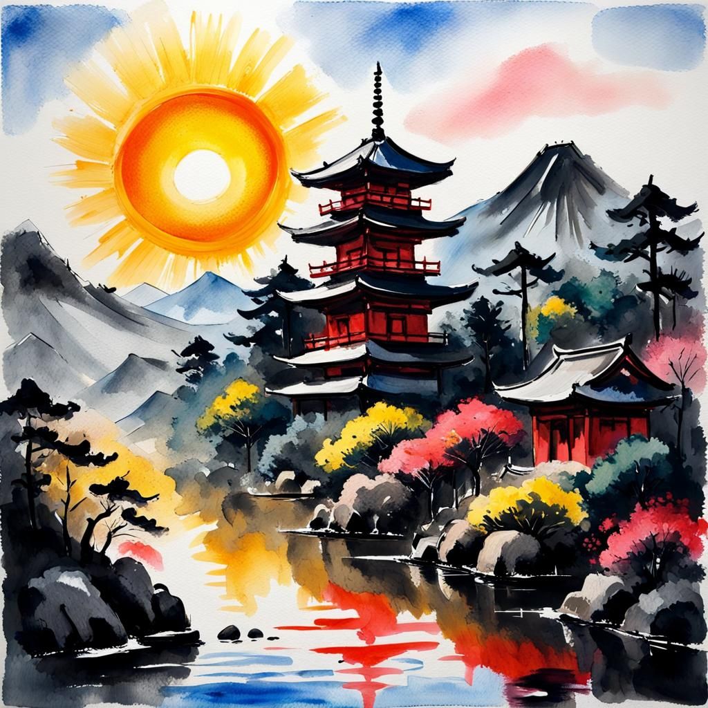 Sumi-e Landscape with Temple and Fish