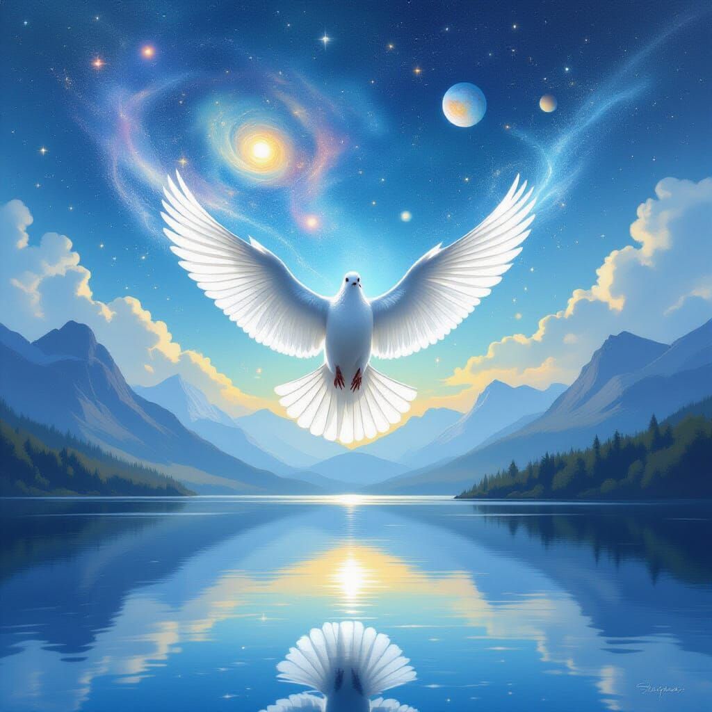 Ethereal Dove Soaring Over Galactic Lake: Surreal Art