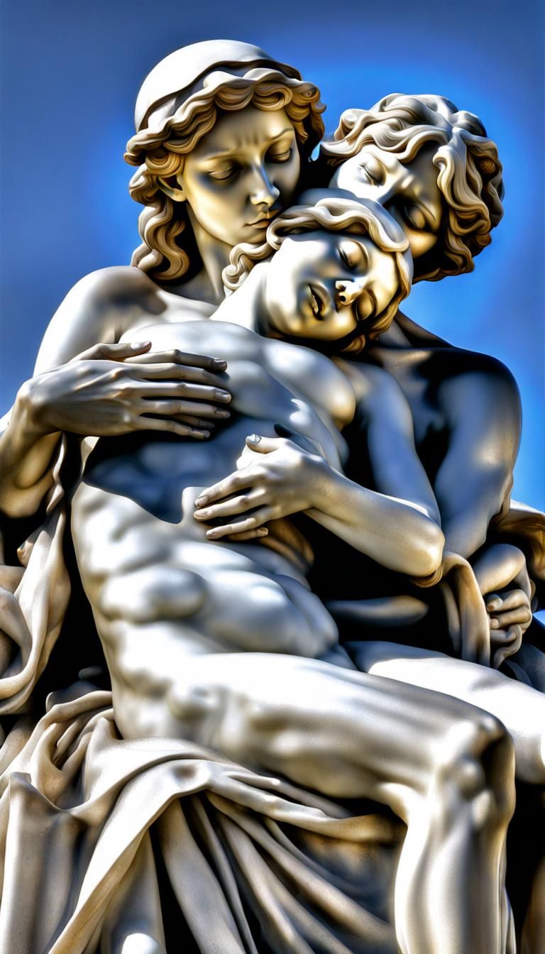 Icy Pietà Sculpture in Sunlight