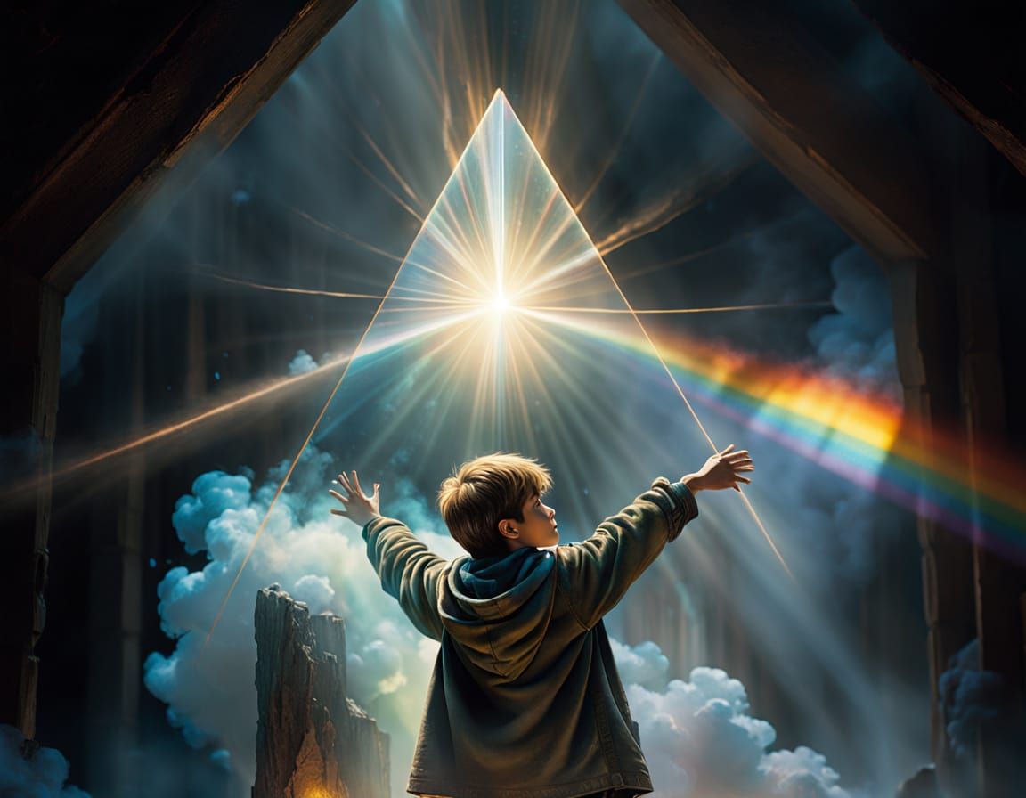 Boy and Rainbow Prism in Ethereal Light
