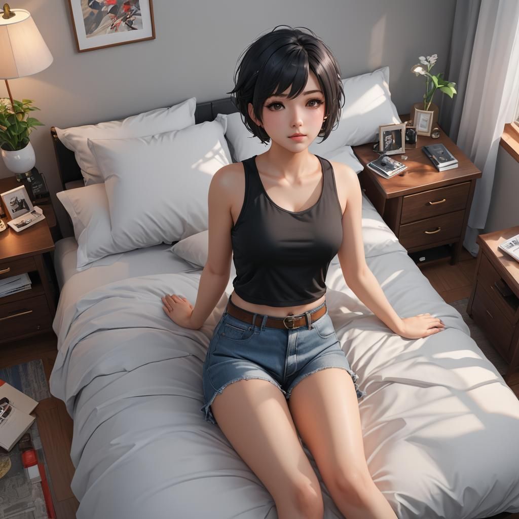 Anime Girl in Bedroom: 3D Render, High Detail