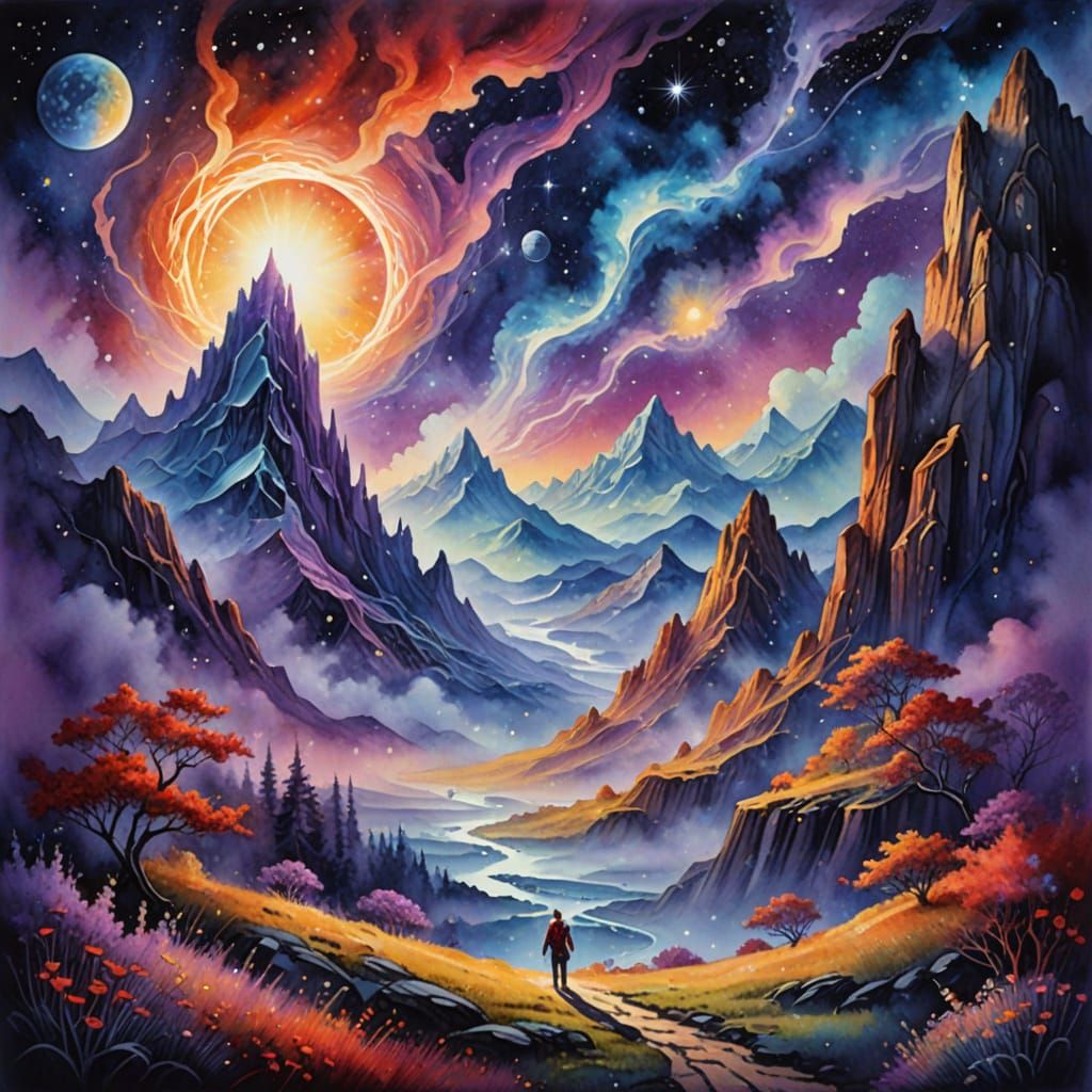 Cosmic Dreamscape: Ethereal Figures in Starlit Mist