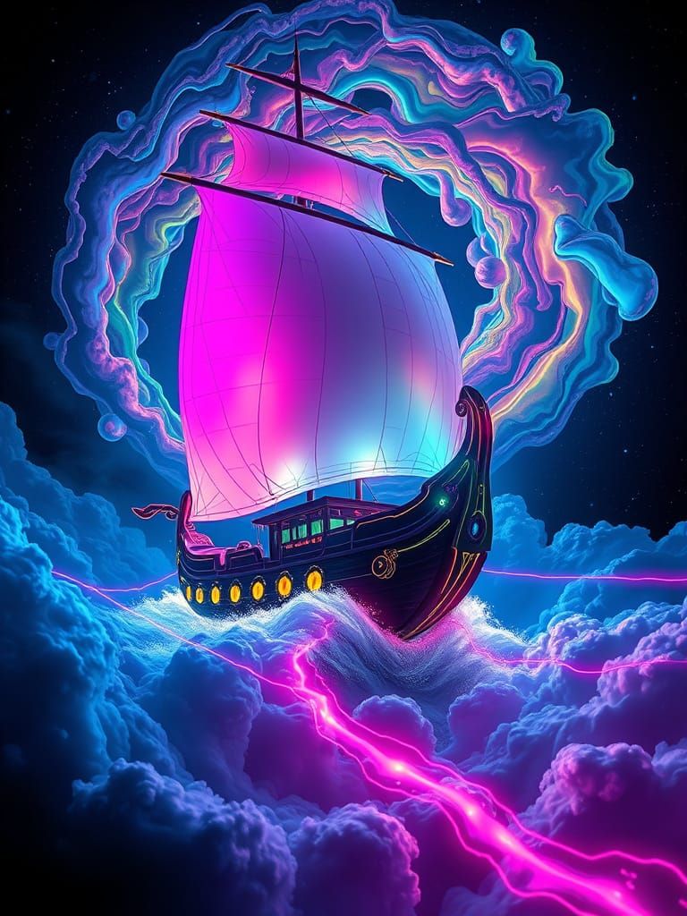 Futuristic Chinese Ship Sailing Through Neon Nebula