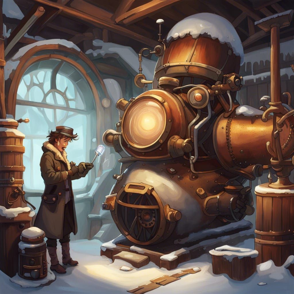 A resourceful Steampunk Winter inventor inside a cosy workshop, crafting a steam-powered snow machine, Digital Illustrat...