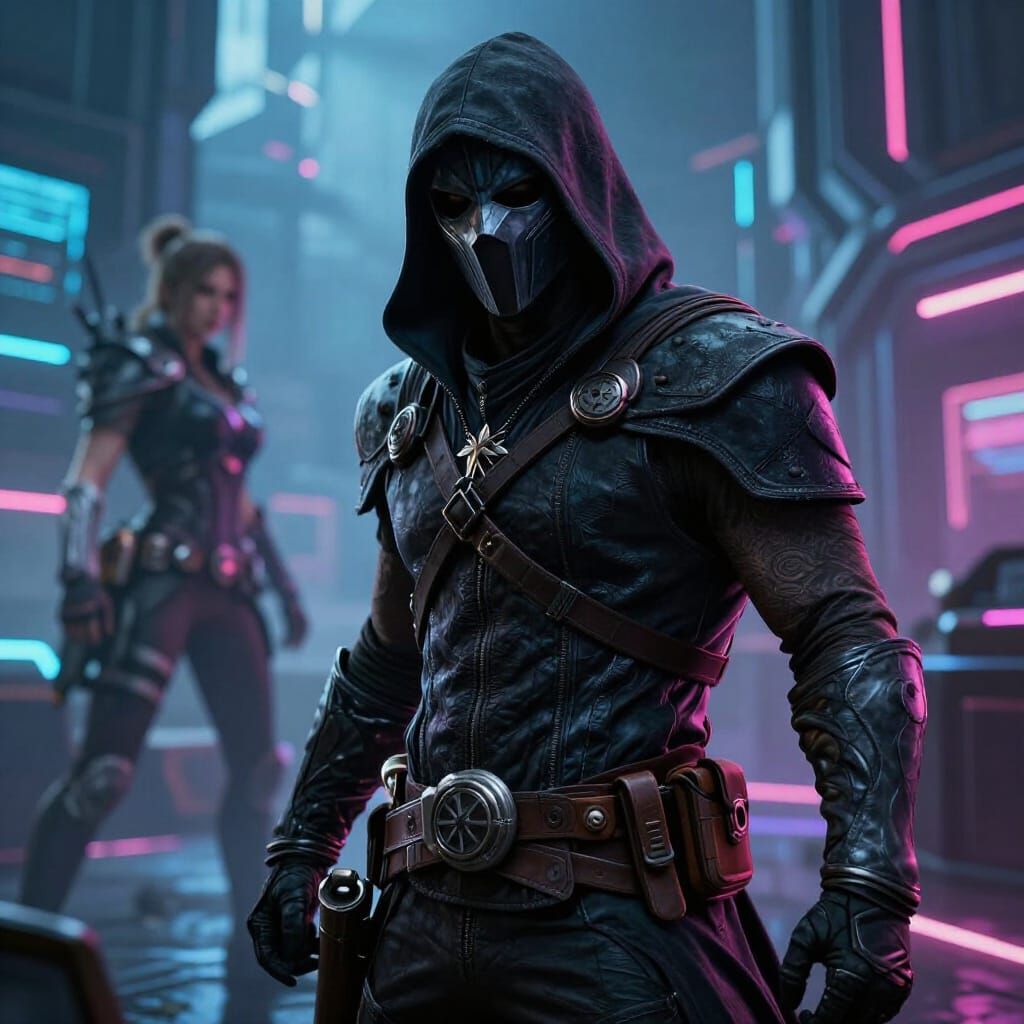 Cyberpunk Assassin Adventuring in Neon MMO Realm
