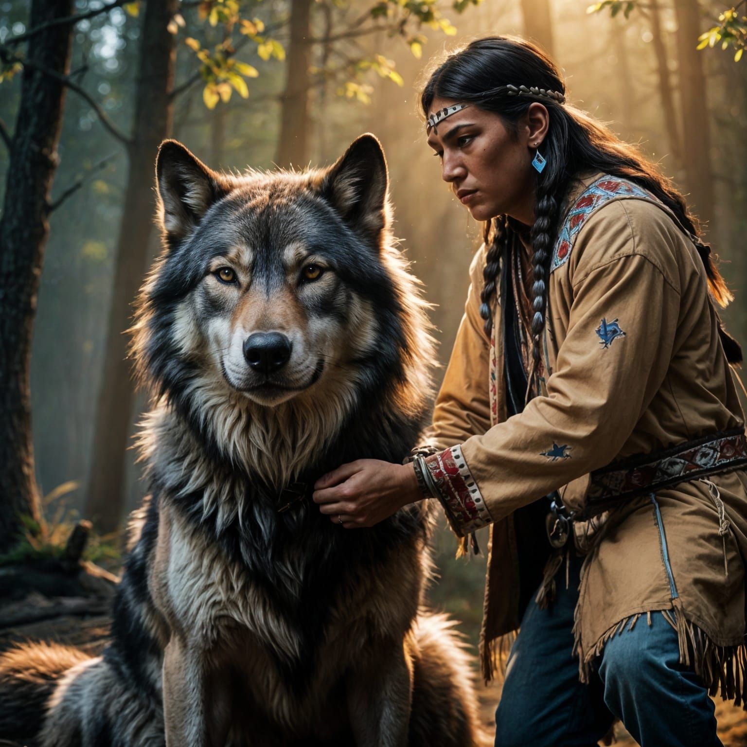 Native American Indian Petting Wolf, Realistic Lighting