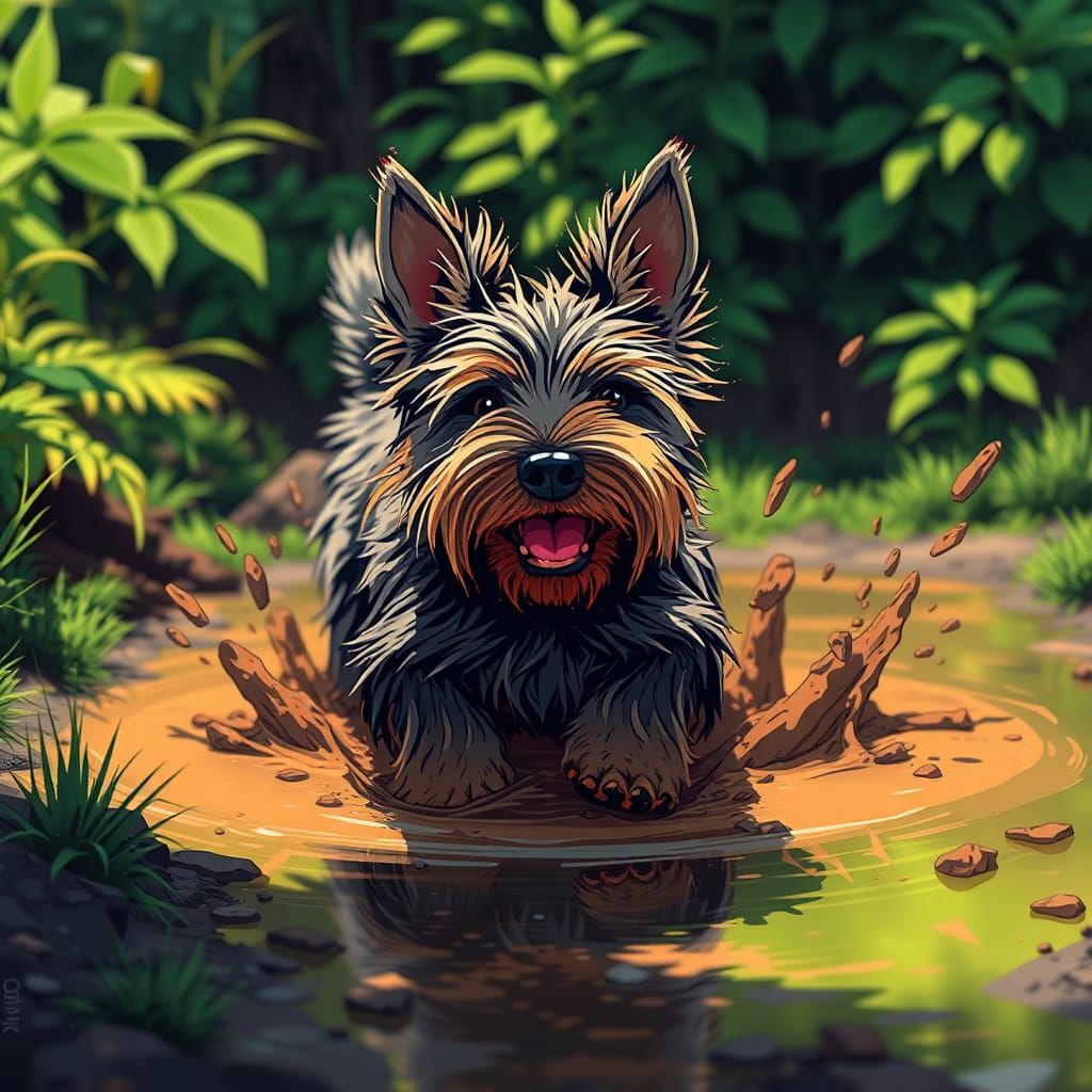 Playful Muddy Scottish Terrier in Anime Style