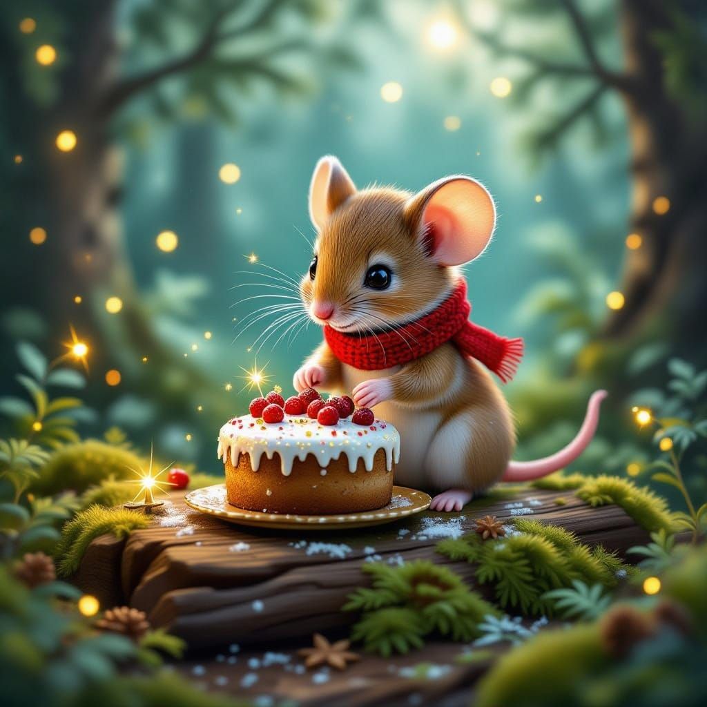 Mouse Decorates Tiny Christmas Cake in Enchanted Forest