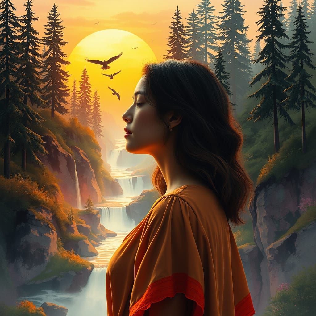 Woman Blending Into Vibrant Forest Sunset Watercolor