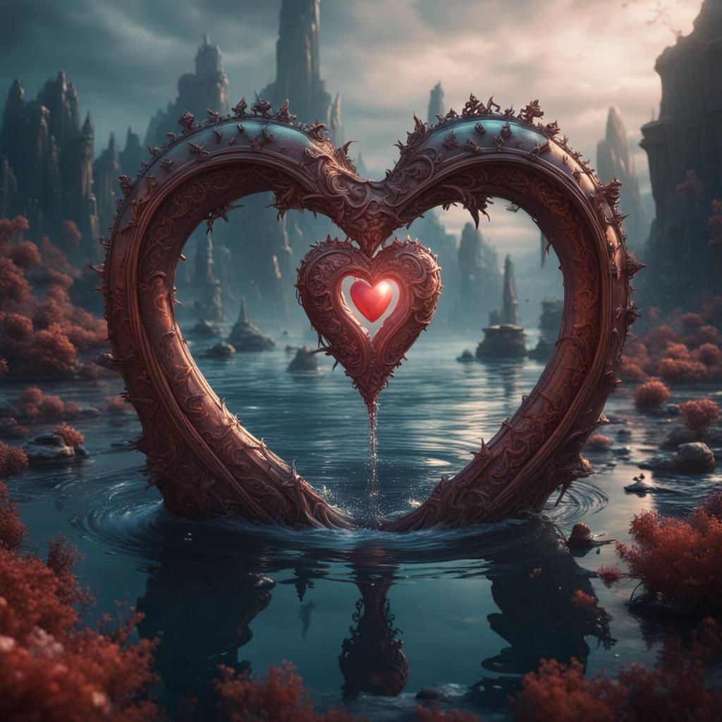 Metallic Heart on Water: Fantasy Concept Art