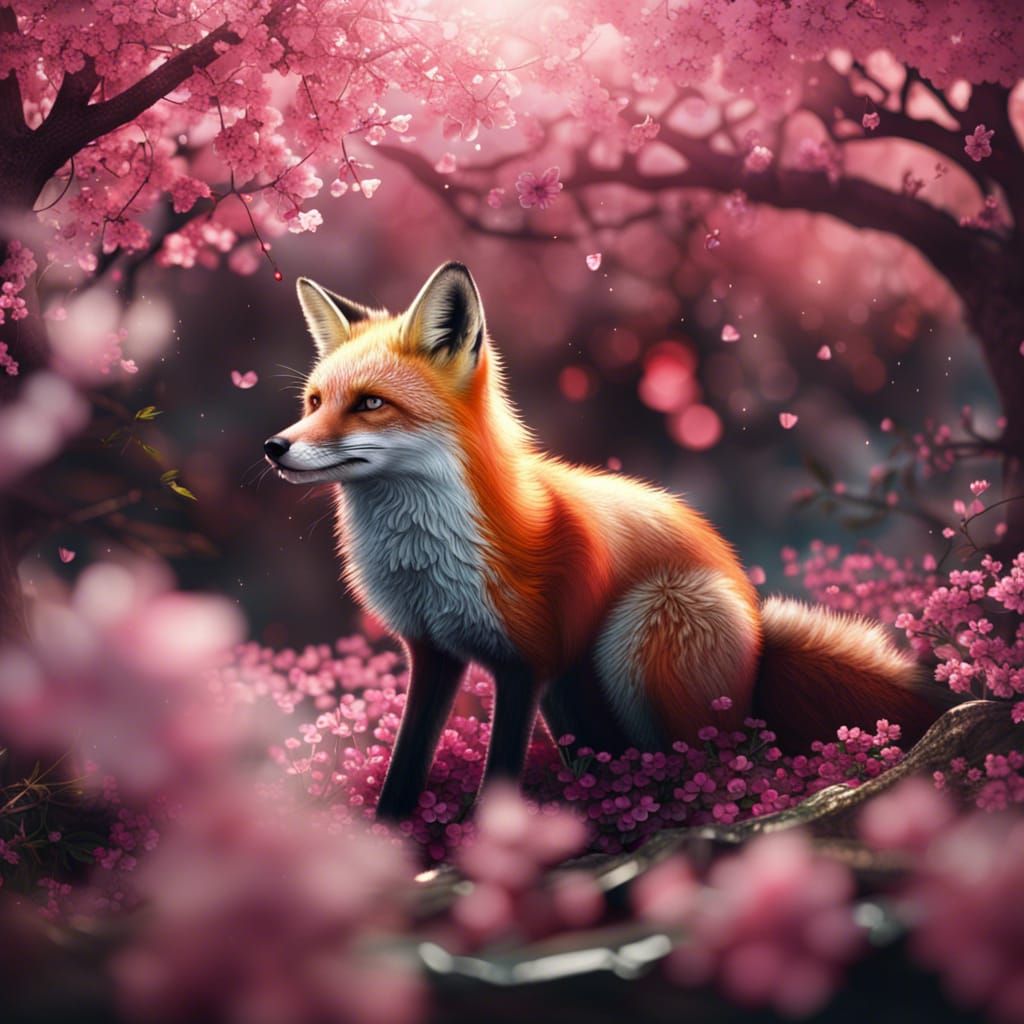 Fox in Cherry Blossom Digital Matte Painting