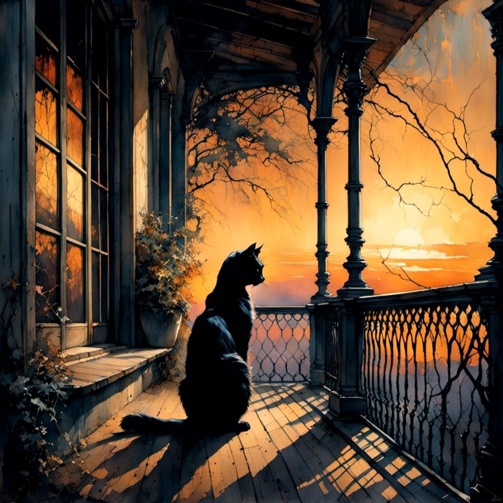 Black Cat Silhouetted on Porch at Sunset