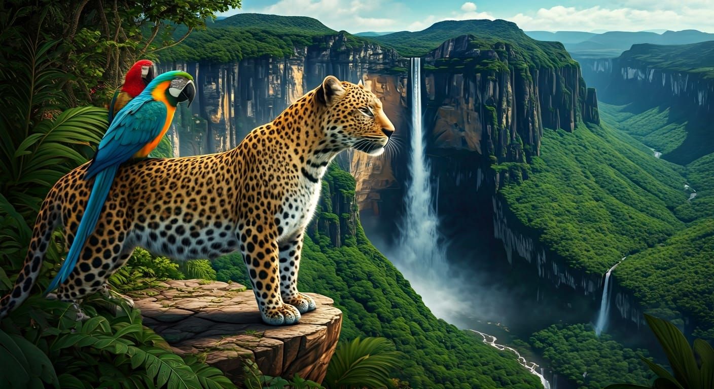 Leopard, Parrot, and Monkey on Tepui Cliff