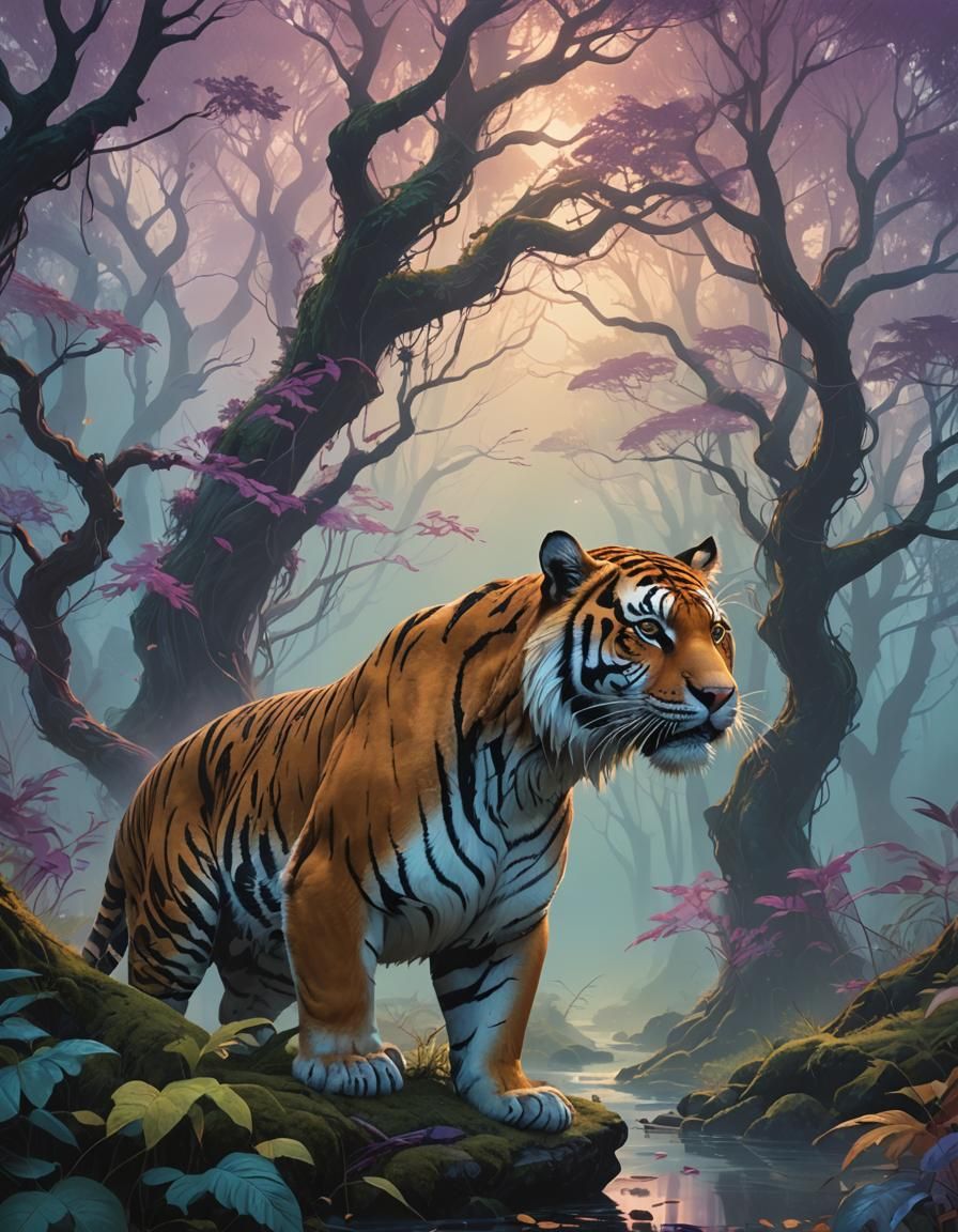 Mystical Tiger Spirit in Mist-Shrouded Forest