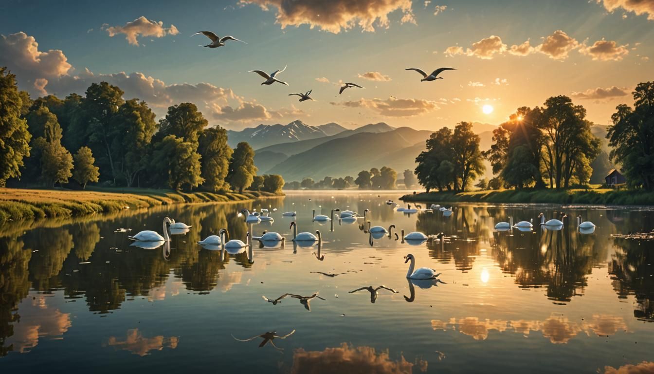 Swans Fly Over Lake at Sunrise