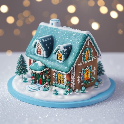 A fantastically detailed gingerbread house in a snowy winter...
