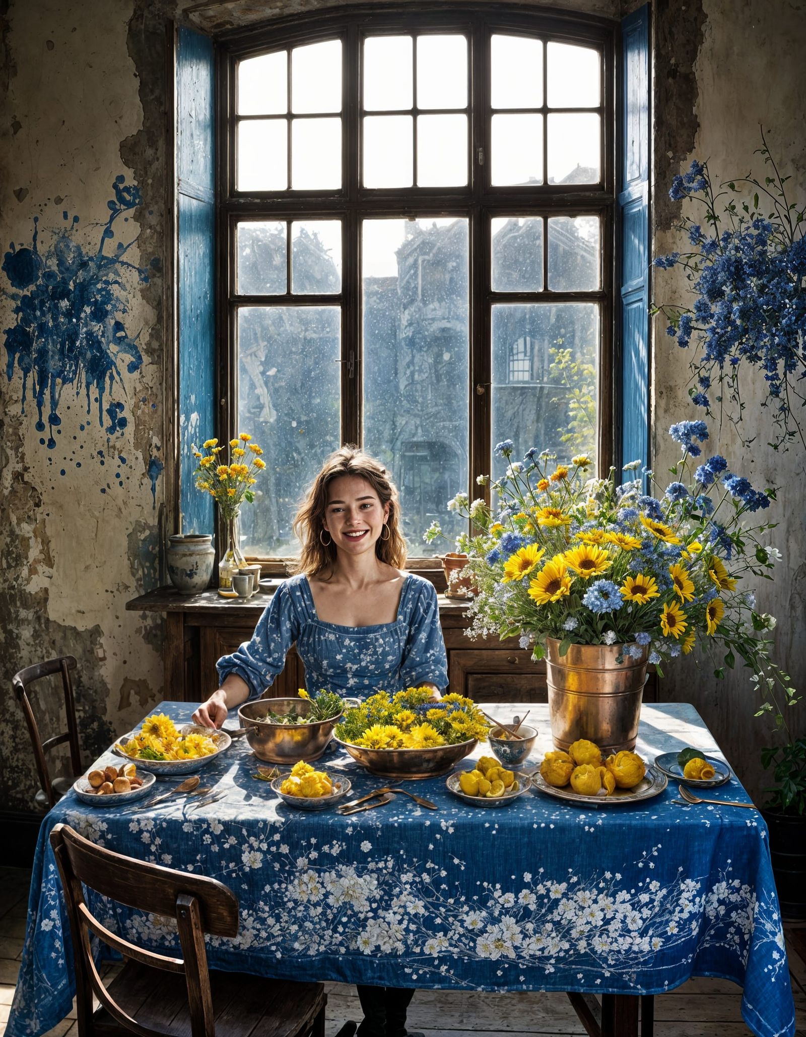 Vibrant Bouquet in Golden Light, Against Whimsical Whitewash...