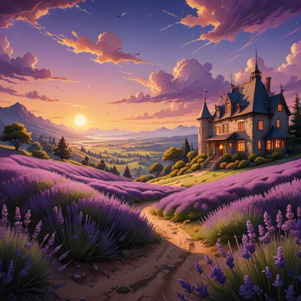 Lavender Sunset: Fantasy Landscape in Watercolor Style